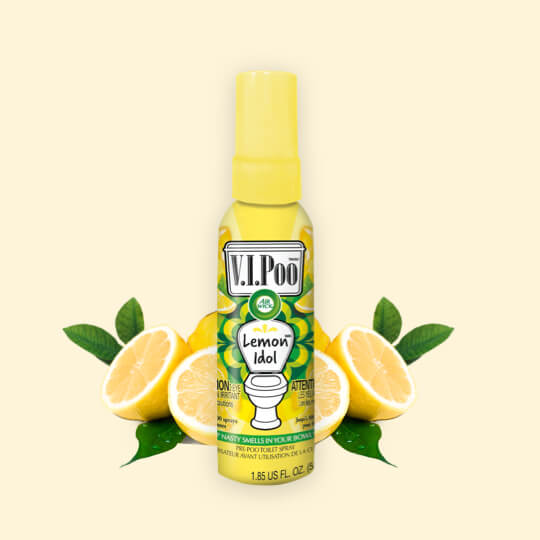 Présente une bouteille de V.I.PooMC Lemon IdolMC  55ml parmi des tranches de citron.